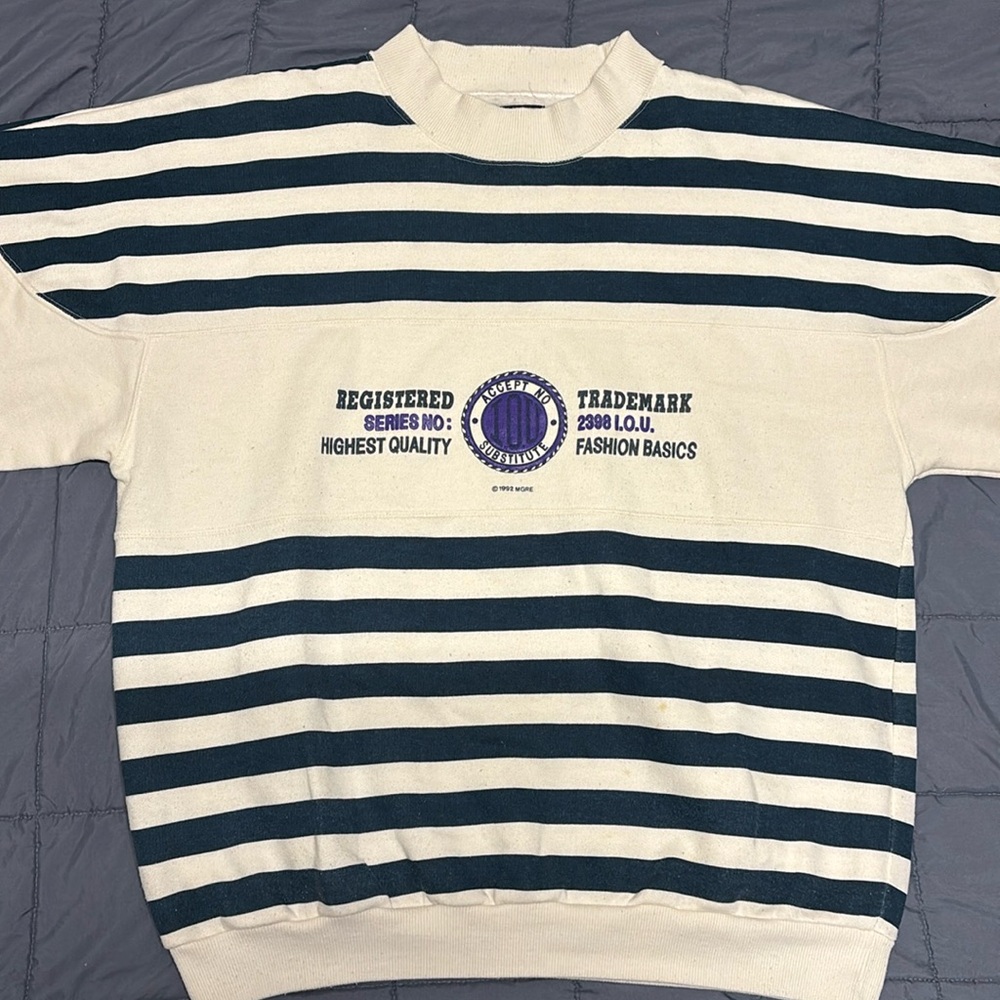 Vintage IOU Varsity Striped Sweatshirt with Mockneck Collar 1992 sweatshirt